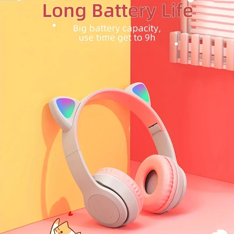 Cute Cat Ear Bluetooth Compatible Headset with LED Wireless Headset Children Girls Stereo Folding Sports Headset with Microphone