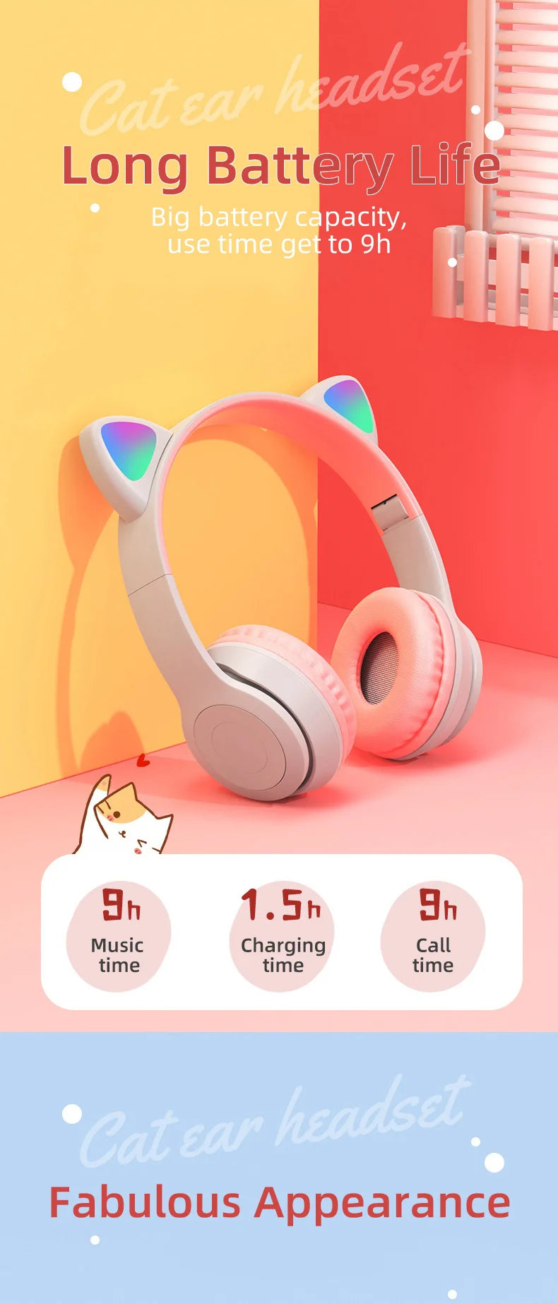 Cute Cat Ear Bluetooth Compatible Headset with LED Wireless Headset Children Girls Stereo Folding Sports Headset with Microphone