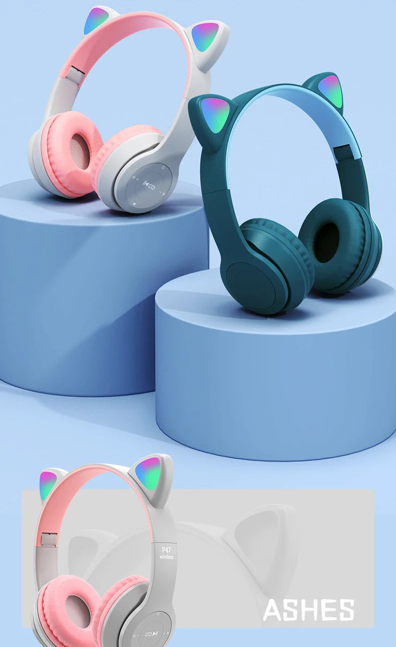 Cute Cat Ear Bluetooth Compatible Headset with LED Wireless Headset Children Girls Stereo Folding Sports Headset with Microphone