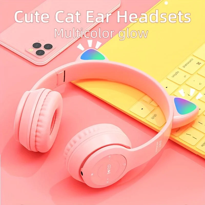 Cute Cat Ear Bluetooth Compatible Headset with LED Wireless Headset Children Girls Stereo Folding Sports Headset with Microphone