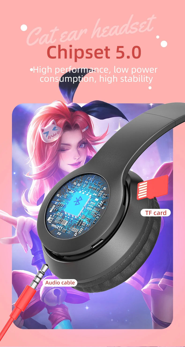 Cute Cat Ear Bluetooth Compatible Headset with LED Wireless Headset Children Girls Stereo Folding Sports Headset with Microphone