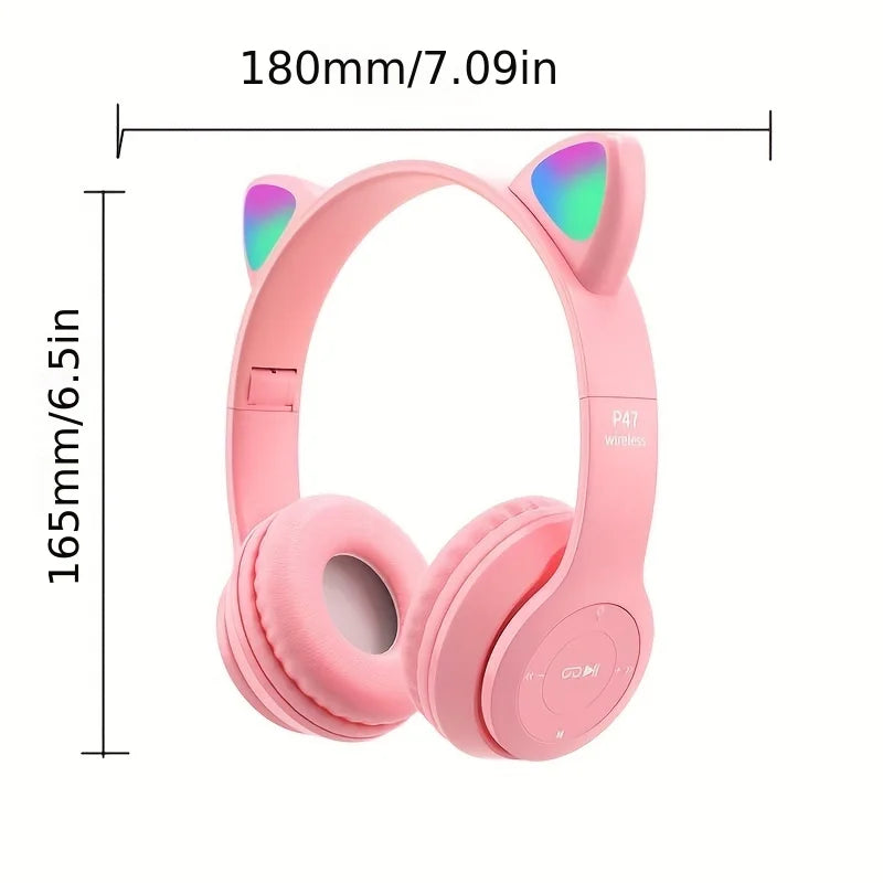 Cute Cat Ear Bluetooth Compatible Headset with LED Wireless Headset Children Girls Stereo Folding Sports Headset with Microphone