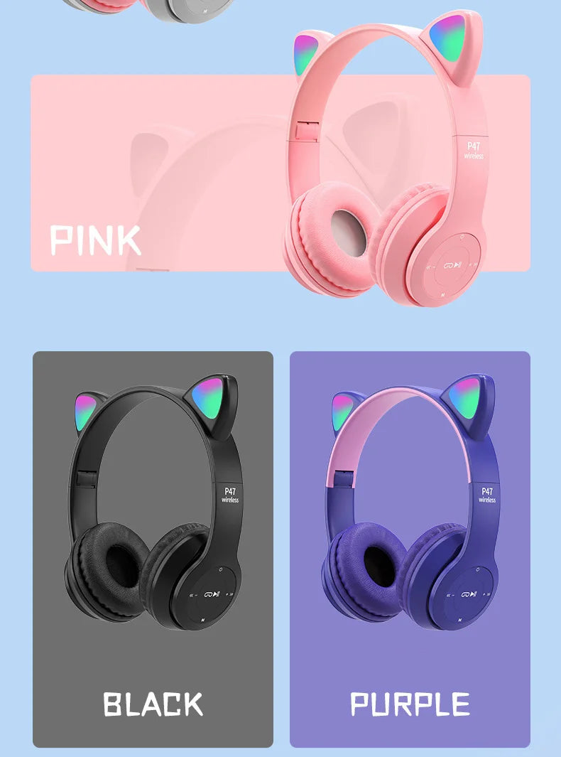 Cute Cat Ear Bluetooth Compatible Headset with LED Wireless Headset Children Girls Stereo Folding Sports Headset with Microphone